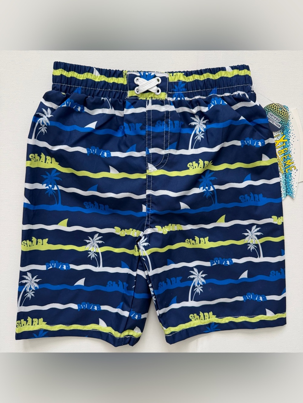 XTREME Navy Shark & Palm Print Swim Shorts with Lime Accents Size 6 Boys